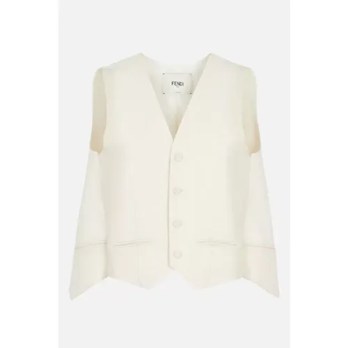 Cream Tricotin Wool and Cupro Jacket with V-Neck , female, Sizes: XS - Fendi - Modalova