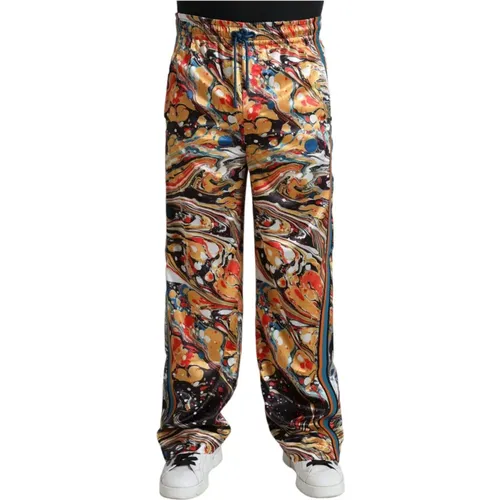 Straight Trousers, male, , Size: S Marble Print Satin Track Pants - Dolce & Gabbana - Modalova