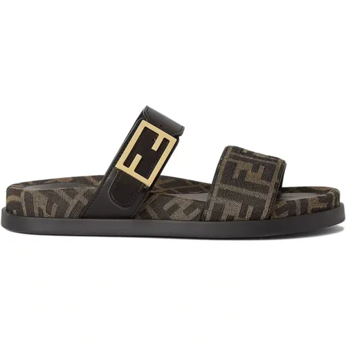Sliders, female, , Size: 6 US Jacquard Slide Sandals with Baguette Buckle - Fendi - Modalova
