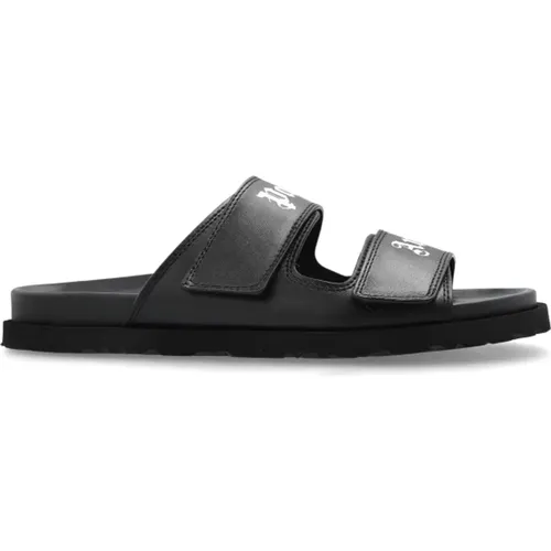 Sliders, female, , Size: 10 US Leather slides with logo - Palm Angels - Modalova