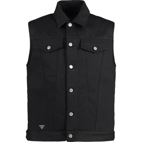 Denim Sleeveless Gilet with Logo Detail , male, Sizes: M, L - Prada - Modalova