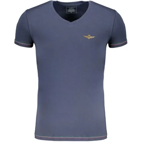 Blau Baumwoll T-Shirt mit V-Ausschnitt - aeronautica militare - Modalova