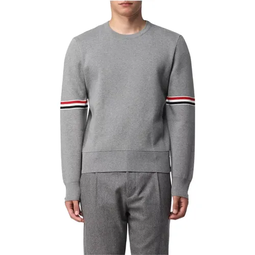 Round-neck Knitwear, male, , Size: L Crew Neck Sweater Tricolor Taping - Thom Browne - Modalova