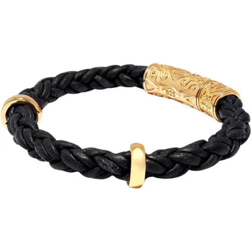 Men's Braided Leather Bracelet With Gold Lock , Herren, Größe: M - Nialaya - Modalova