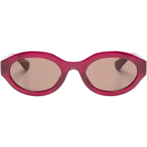 Fuchsia Ovale Sonnenbrille mit Braunen Gläsern , Damen, Größe: 53 MM - Gucci - Modalova