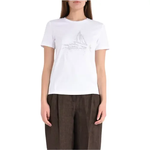T-Shirts, female, , Size: L Embroidered Cotton T-shirt Lake Model - Max Mara Studio - Modalova