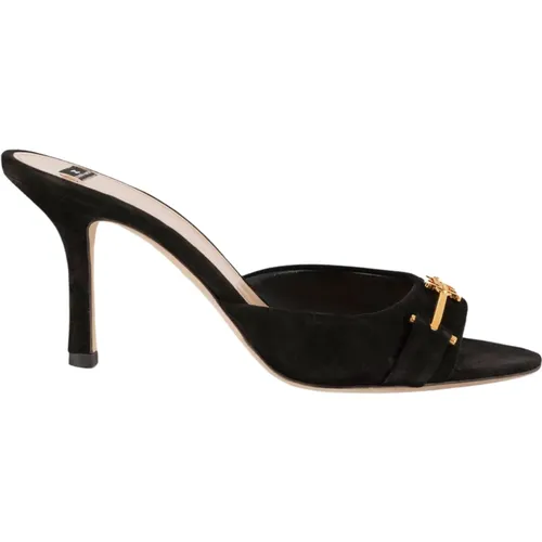 Suede Slider Sandals with Golden Logo Clasp , female, Sizes: 3 UK - Elisabetta Franchi - Modalova