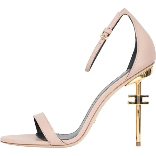 Leather Sandals with Adjustable Ankle Strap and Metal Logo Heel , female, Sizes: 3 UK - Elisabetta Franchi - Modalova