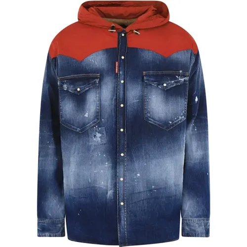 Denim Jackets, male, , Size: M Denim Hooded Jacket /Red - Dsquared2 - Modalova