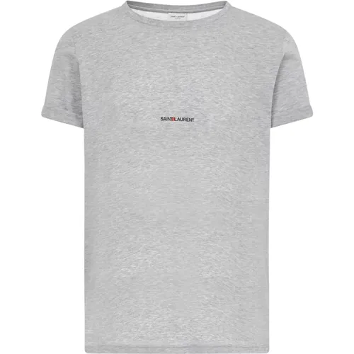 Graues Logo Print Baumwoll T-Shirt - Saint Laurent - Modalova