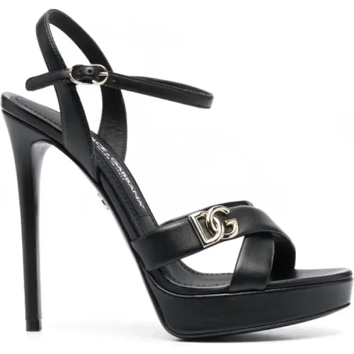 Schwarze Stiletto-Sandalen mit Goldfarbenem Logo - Dolce & Gabbana - Modalova