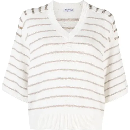 Striped V-Neck Sweater , female, Sizes: M - BRUNELLO CUCINELLI - Modalova