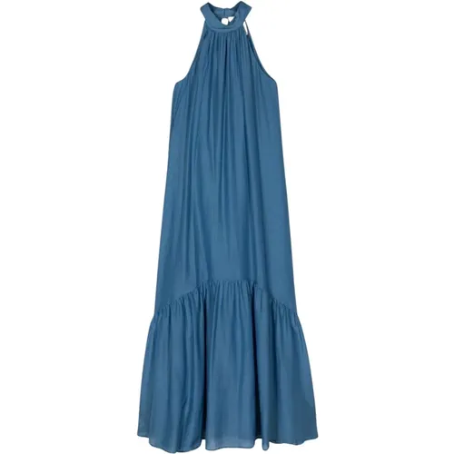 Long dress with American neckline and ruffled hem in cotton-silk muslin , female, Sizes: 2XS, S, XS - Semicouture - Modalova