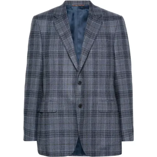 Blazers, male, , Size: 2XL Checkered Wool Silk Blazer - Canali - Modalova