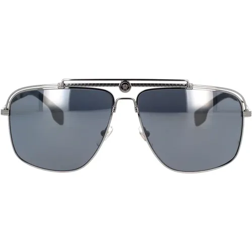 Rechteckige Sonnenbrille in Gunmetal mit hellgrauen Gläsern - Versace - Modalova