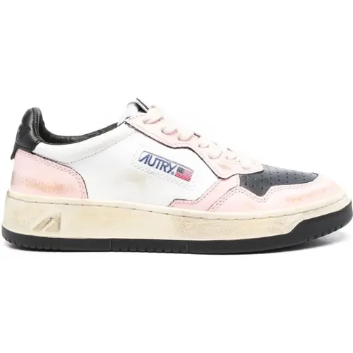 Sneakers, female, , Size: 10 US Vintage Low Leather Sneakers in White/Black/Pink - Autry - Modalova