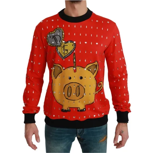 Round-neck Knitwear, male, , Size: XL Year of the Pig Crystal Sweater - Dolce & Gabbana - Modalova