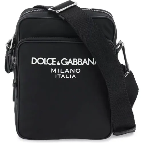 Gummibeschickte Logo Nylon Umhängetasche,Schwarze Schultertasche mit Reißverschlusstasche - Dolce & Gabbana - Modalova