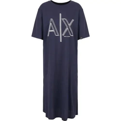 Blaues Logo-Print Midi-Kleid , Damen, Größe: L - Armani Exchange - Modalova