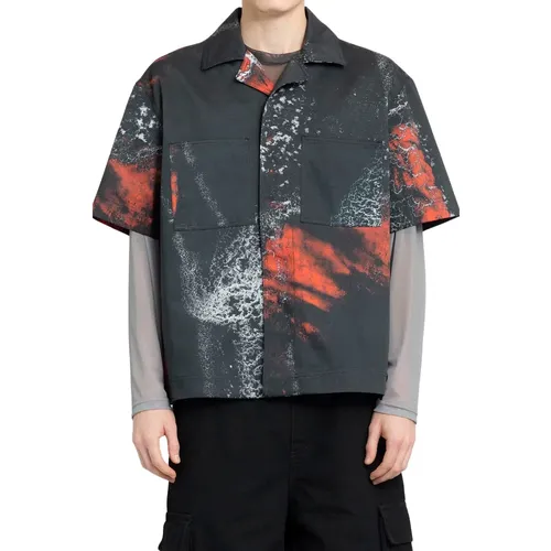 Black Cotton Bowling Shirt Ashes Print , male, Sizes: L - 44 Label Group - Modalova