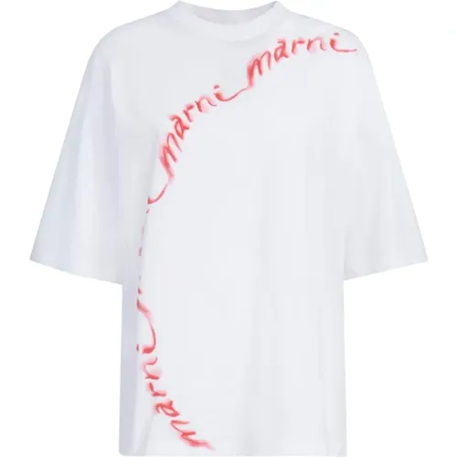 Logo-Print Baumwoll T-Shirt Weiß , Damen, Größe: 2XS - Marni - Modalova