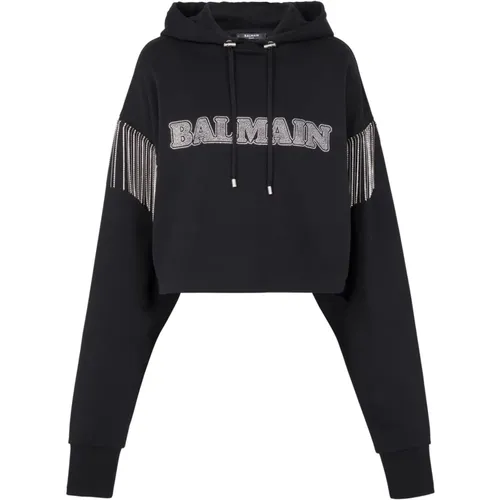 Cropped sweatshirt with fringing and rhinestones , female, Sizes: XS, S, M - Balmain - Modalova