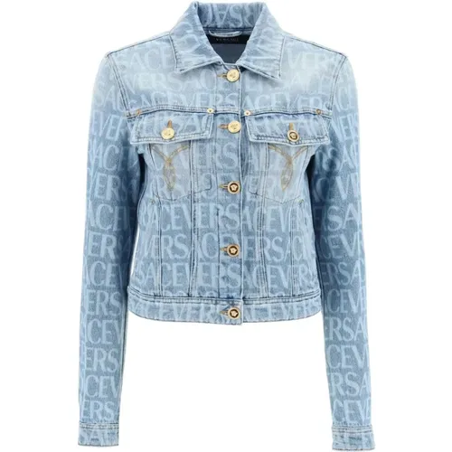 Denim Jacket with All-Over Logo Print , female, Sizes: S - Versace - Modalova
