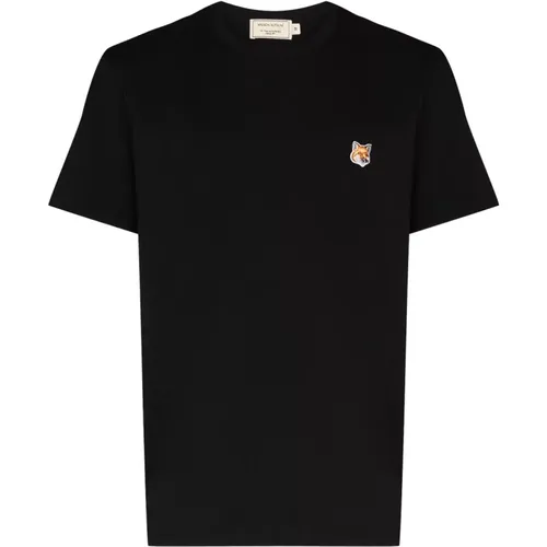 Schwarze T-Shirts und Polos mit Fuchskopf-Patch , Herren, Größe: L - Maison Kitsuné - Modalova