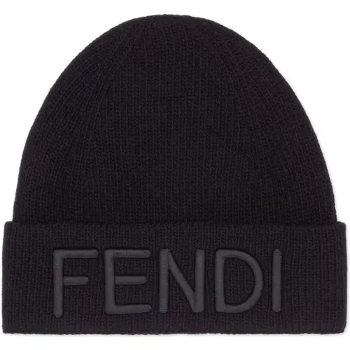 Beanies, male, , Size: L Wool Beanie Hat Embroidered - Fendi - Modalova