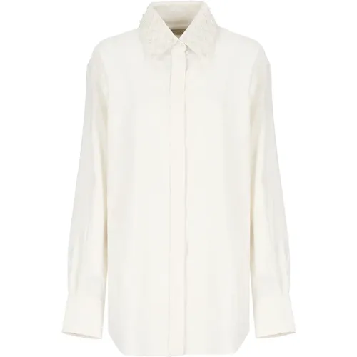 Ivory Seidenmischung Shirt mit Perlenkragen , Damen, Größe: M - Golden Goose - Modalova