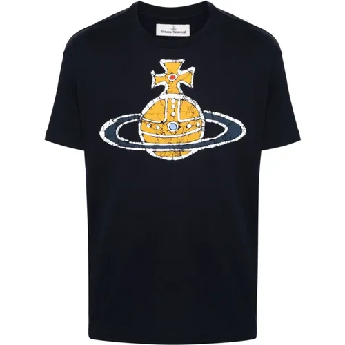 Blaues Baumwoll-Jersey T-Shirt mit Orb-Logo-Print - Vivienne Westwood - Modalova