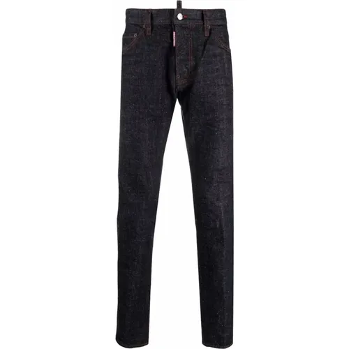 Dark Straight Jeans with Leather Logo Print , male, Sizes: S, M - Dsquared2 - Modalova