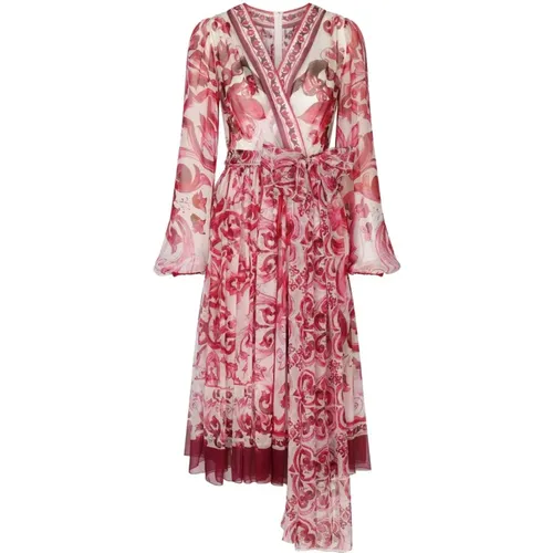 Fuchsia Silk Chiffon Dress with Maiolica Print , female, Sizes: S - Dolce & Gabbana - Modalova