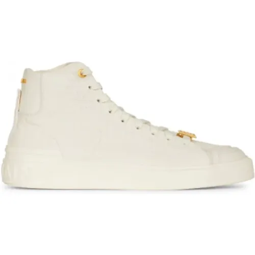 Sneakers, female, , Size: 9 US White High-Top Sneakers with Monogram Pattern and Gold Logo - Balmain - Modalova