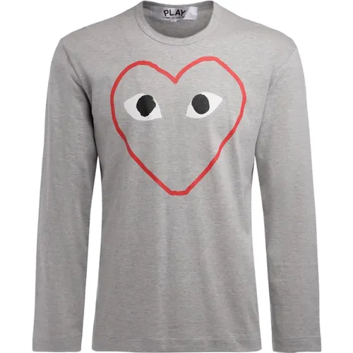 Long Sleeve Tops, male, , Size: M Long Sleeve Grey Cotton T-Shirt with Empty Heart Print - Comme des Garçons Play - Modalova