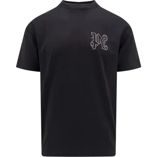 Baumwoll T-Shirt mit gesticktem Monogramm,T-Shirts,Schwarzes Logo Crew Neck T-shirt - Palm Angels - Modalova