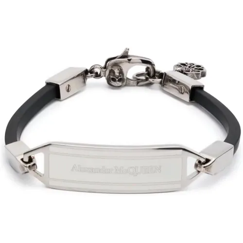 Bracelets, male, , Size: ONE SIZE Black and Silver Logo Plate Bracelet - alexander mcqueen - Modalova