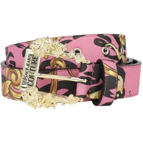 Belts, female, , Size: 90 CM Pink logo belt with gold buckle - Versace Jeans Couture - Modalova