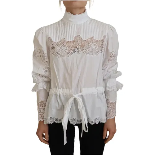Cotton Lace Trim Turtle Neck Blouse Top , female, Sizes: XS - Dolce & Gabbana - Modalova