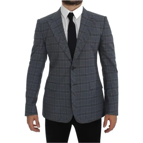 Blazers, male, , Size: XS Blue Checkered Slim Fit Blazer - Dolce & Gabbana - Modalova