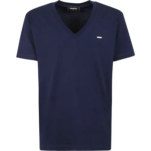 Blaues Baumwoll-Jersey V-Ausschnitt T-Shirt , Herren, Größe: L - Dsquared2 - Modalova