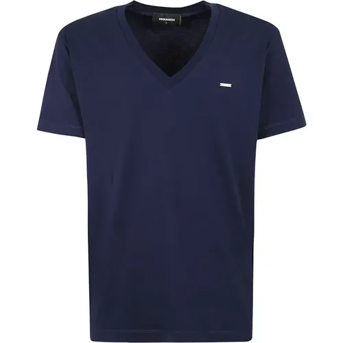 Blaues Baumwoll-Jersey V-Ausschnitt T-Shirt , Herren, Größe: S - Dsquared2 - Modalova