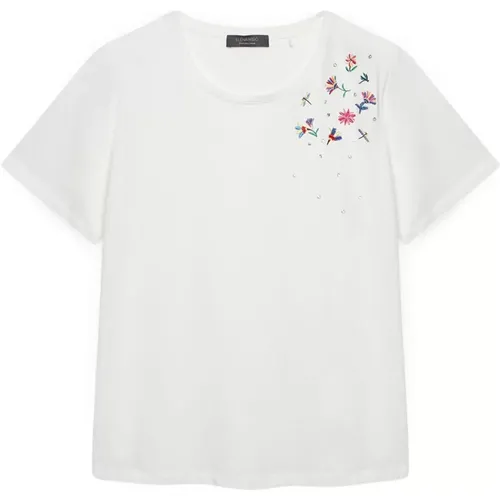 Besticktes T-Shirt mit Perlen , Damen, Größe: M - Elena Mirò - Modalova