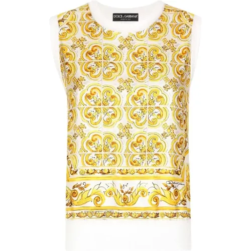 Graphic Print Silk Sleeveless Sweater , female, Sizes: S, M - Dolce & Gabbana - Modalova