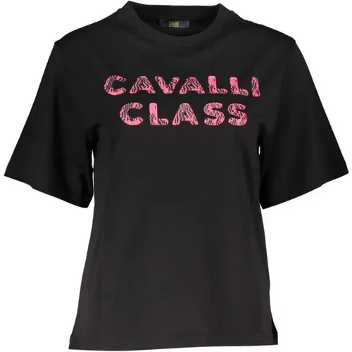 Schwarzes Baumwoll-T-Shirt mit Pinkem Logo , Damen, Größe: M - Cavalli Class - Modalova