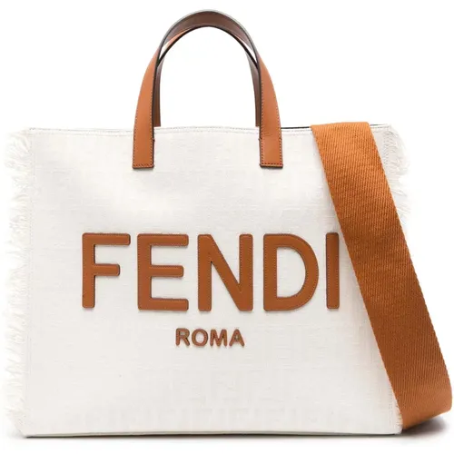 Canvas Shopper Bag with Leather Trim , male, Sizes: ONE SIZE - Fendi - Modalova