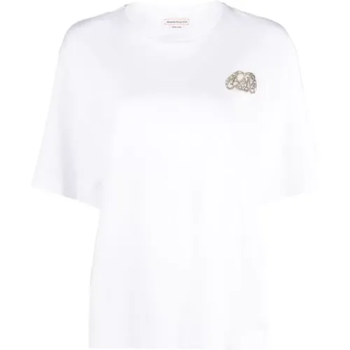 AMQ Seal Logo Kristallbesticktes T-Shirt , Damen, Größe: M - alexander mcqueen - Modalova