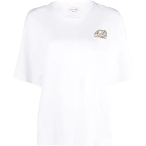 AMQ Seal Logo Kristallbesticktes T-Shirt , Damen, Größe: S - alexander mcqueen - Modalova