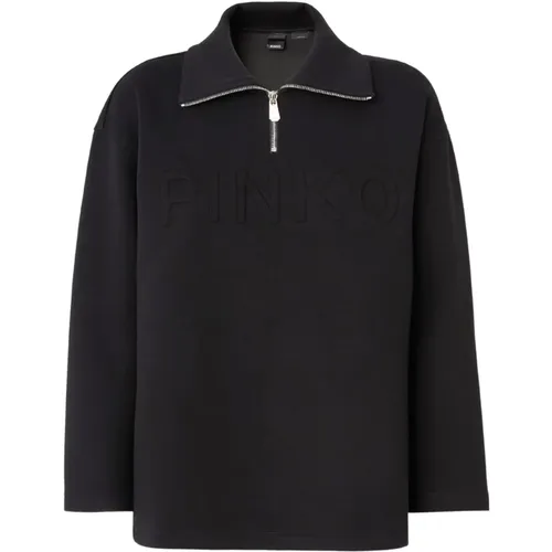 Schwarzer Pullover mit Reißverschluss und Logo , Damen, Größe: S - pinko - Modalova