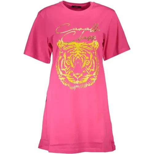 Stilvolles Rosa Baumwoll-T-Shirt mit Signature-Print , Damen, Größe: S - Cavalli Class - Modalova